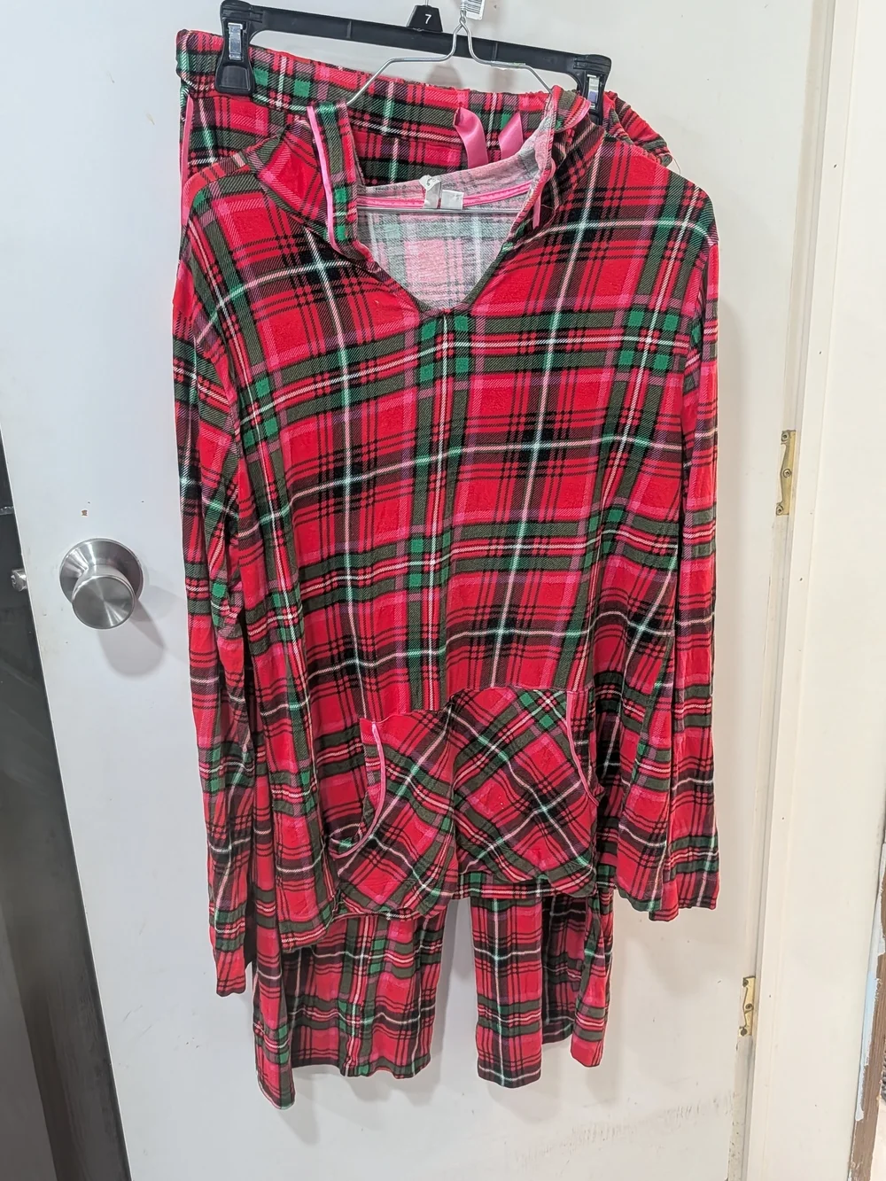 Women's Red Plaid Two-Piece Pajama Set with Hoodie